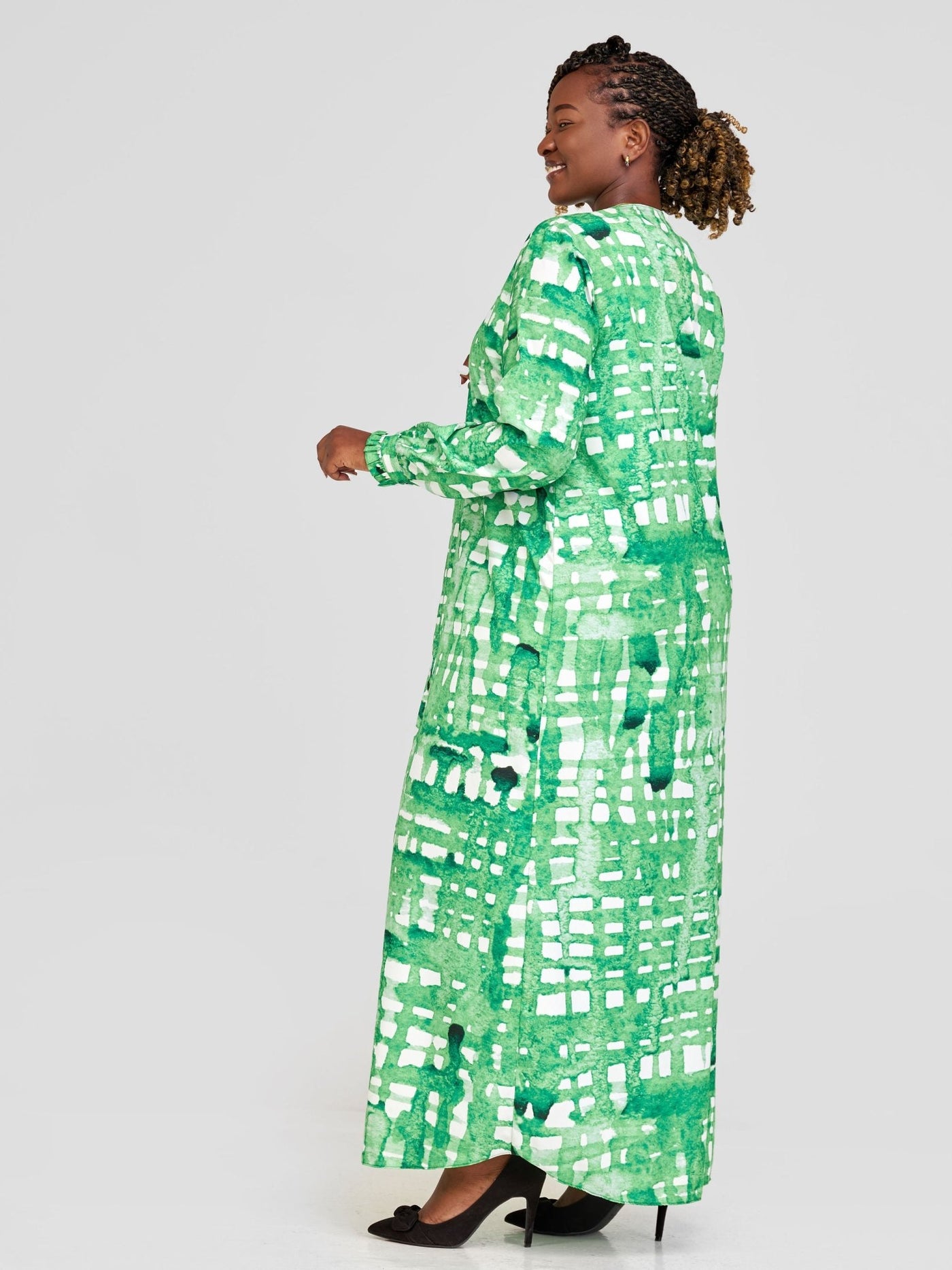 Vivo Ziwa Long Sleeve Ruffle Cuff Maxi Kimono - Green / Off White Zuri Abstract Print - Shopzetu