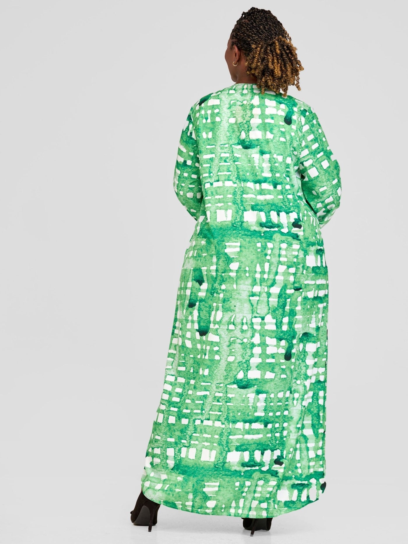 Vivo Ziwa Long Sleeve Ruffle Cuff Maxi Kimono - Green / Off White Zuri Abstract Print - Shopzetu