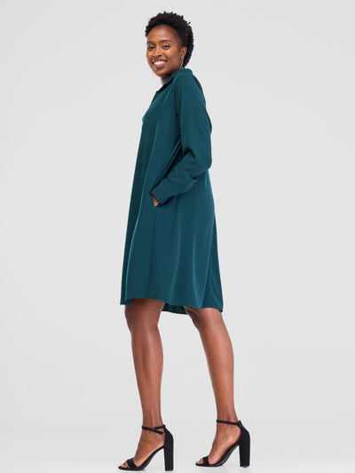 Vivo Yumi Long Sleeve Tent Shirt Dress - Dark Green - Shopzetu