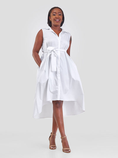 Safari Zene High Low Shirt Dress - White - Shopzetu