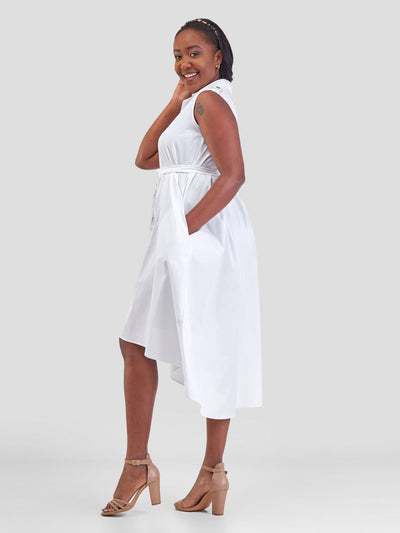 Safari Zene High Low Shirt Dress - White - Shopzetu