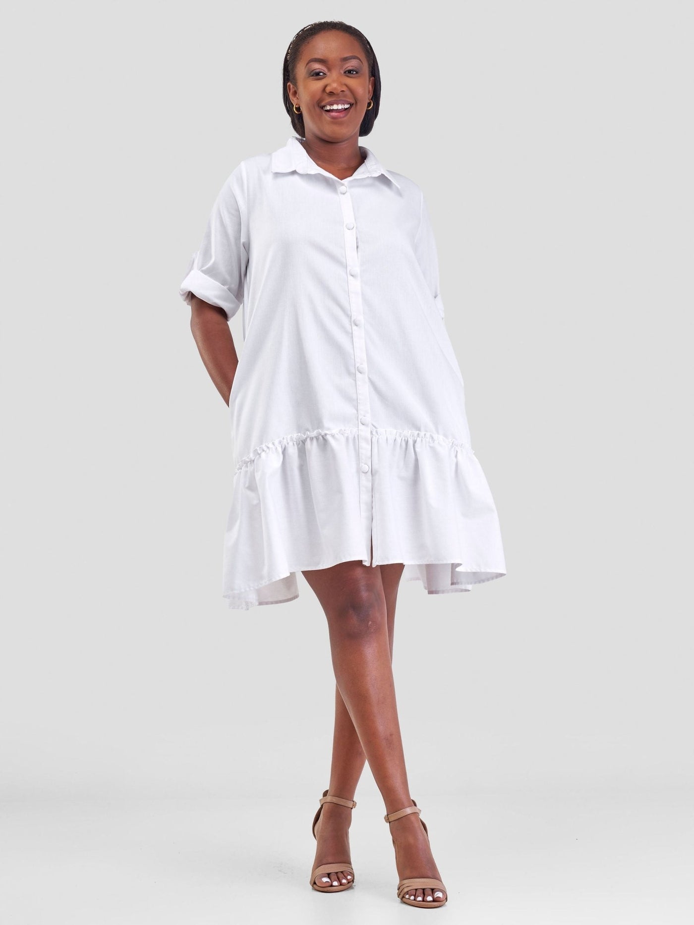 Safari Zene Tiered Above Knee Dress - White - Shopzetu