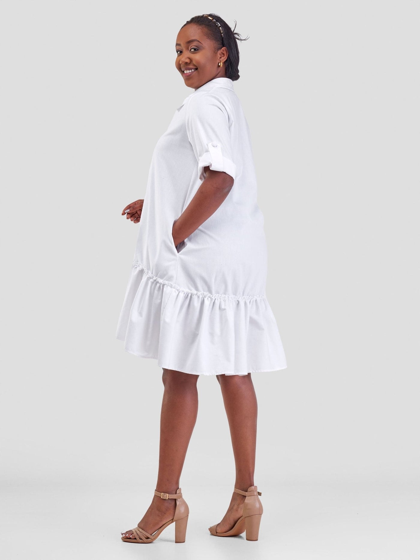 Safari Zene Tiered Above Knee Dress - White - Shopzetu