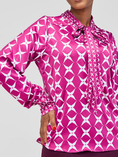 Vivo Arafa Bishop Sleeve Top - White / Purple Clover Print - Shopzetu