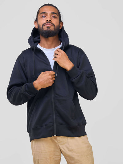 Round Neck with Zip Hoodie - Black - Shopzetu