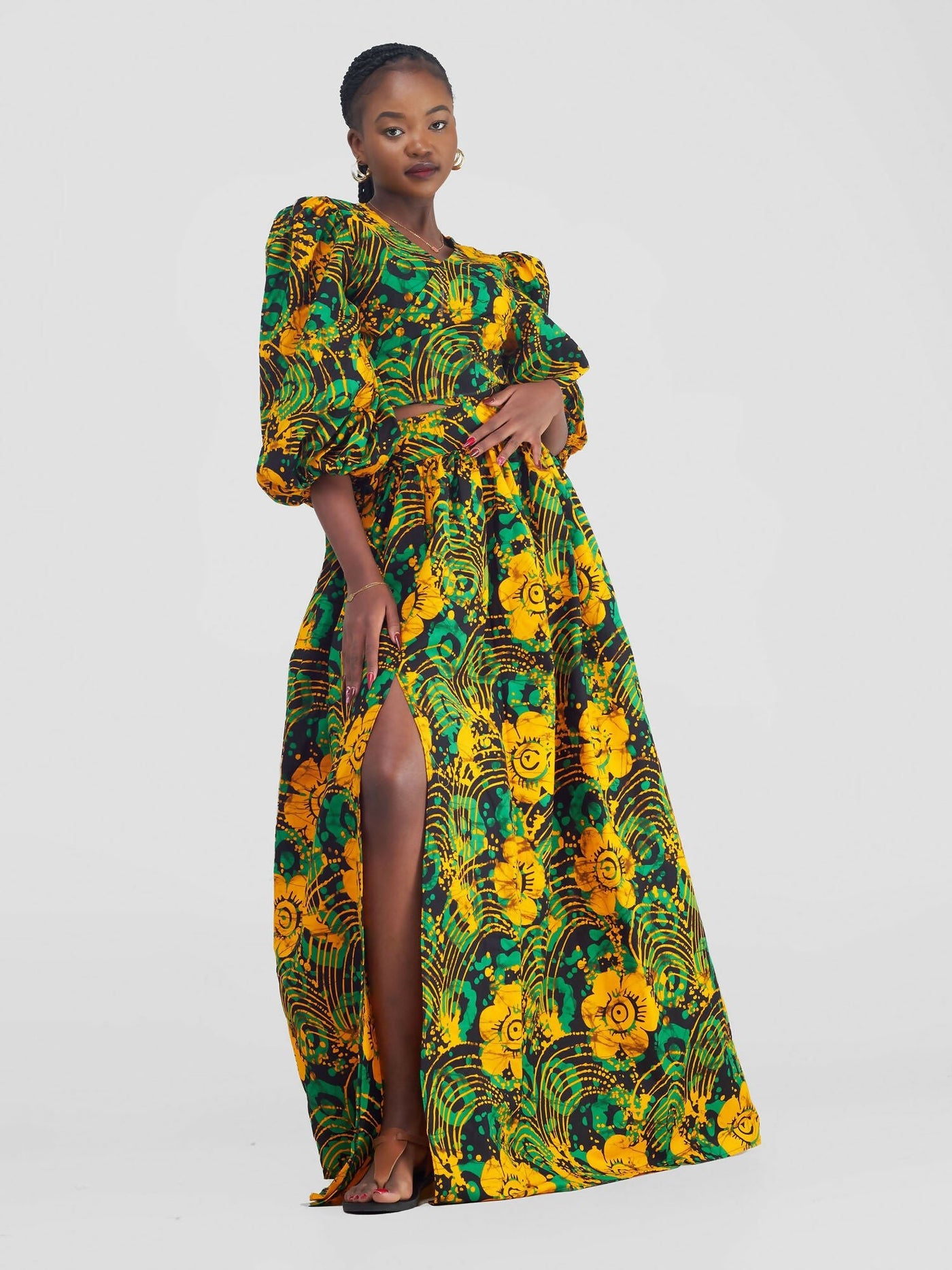 African Yuva Lila African Print Skirt Set - Green / Yellow - Shopzetu