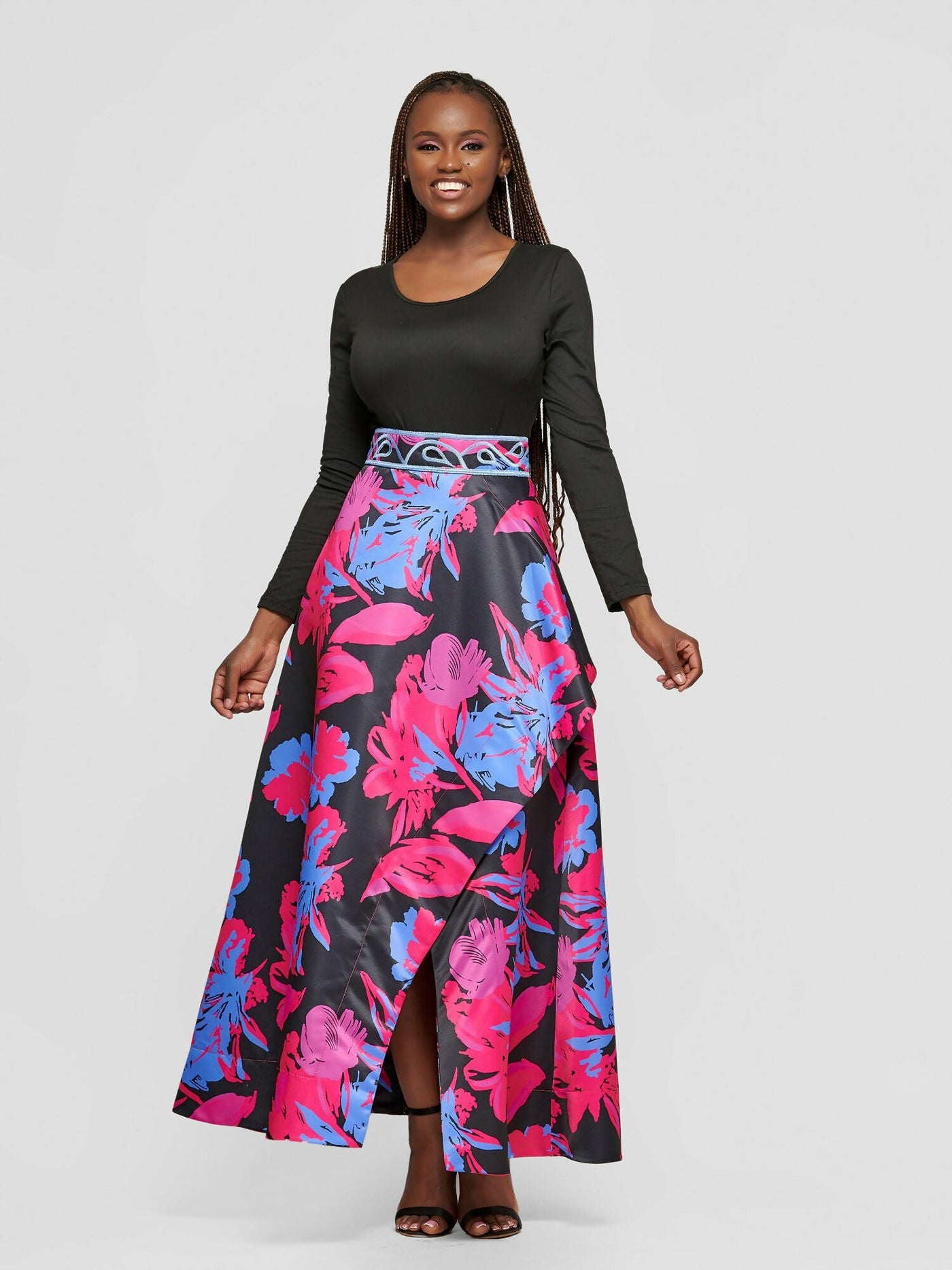 Tuli Lebo Maxi Asymmetrical Skirt - Blue / Pink Print - Shopzetu