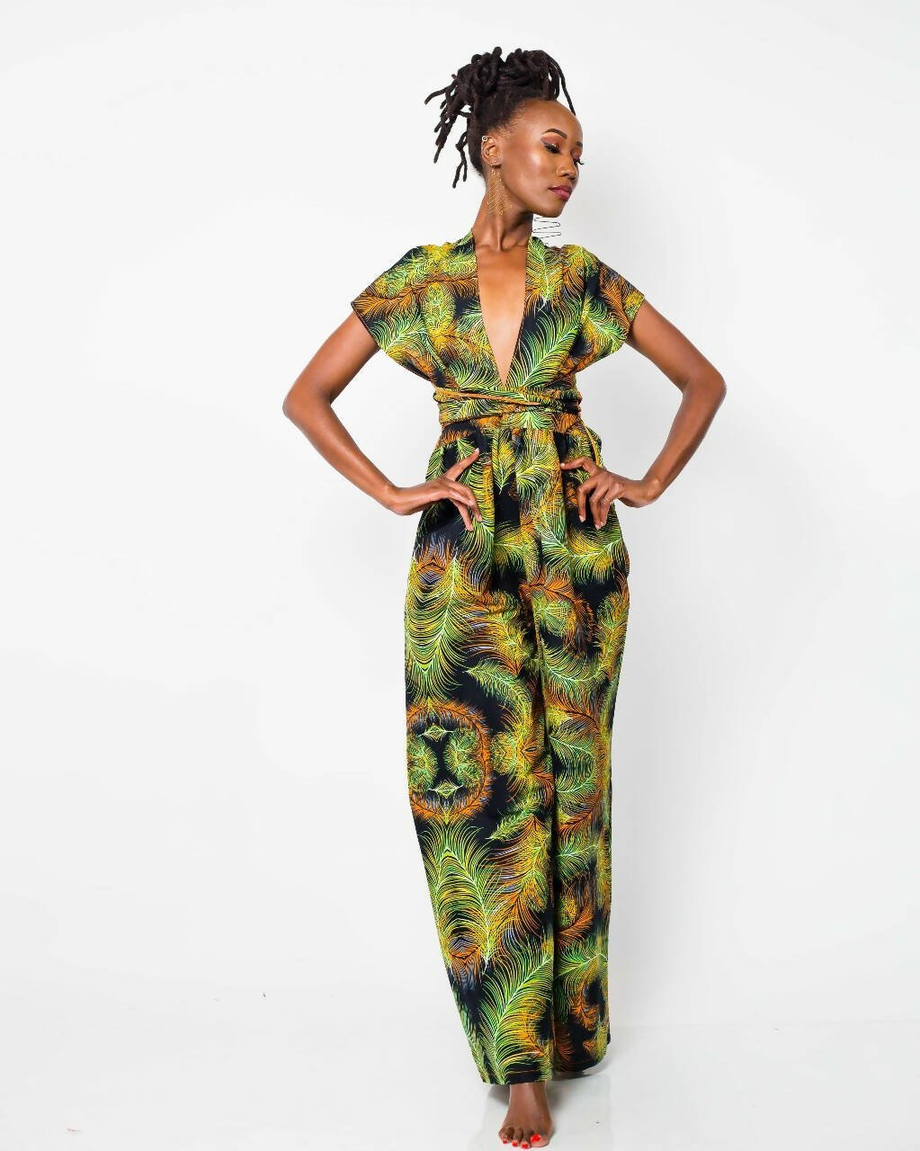 African Yuva Olive Infinity Jumpsuit - Green Print - Shopzetu