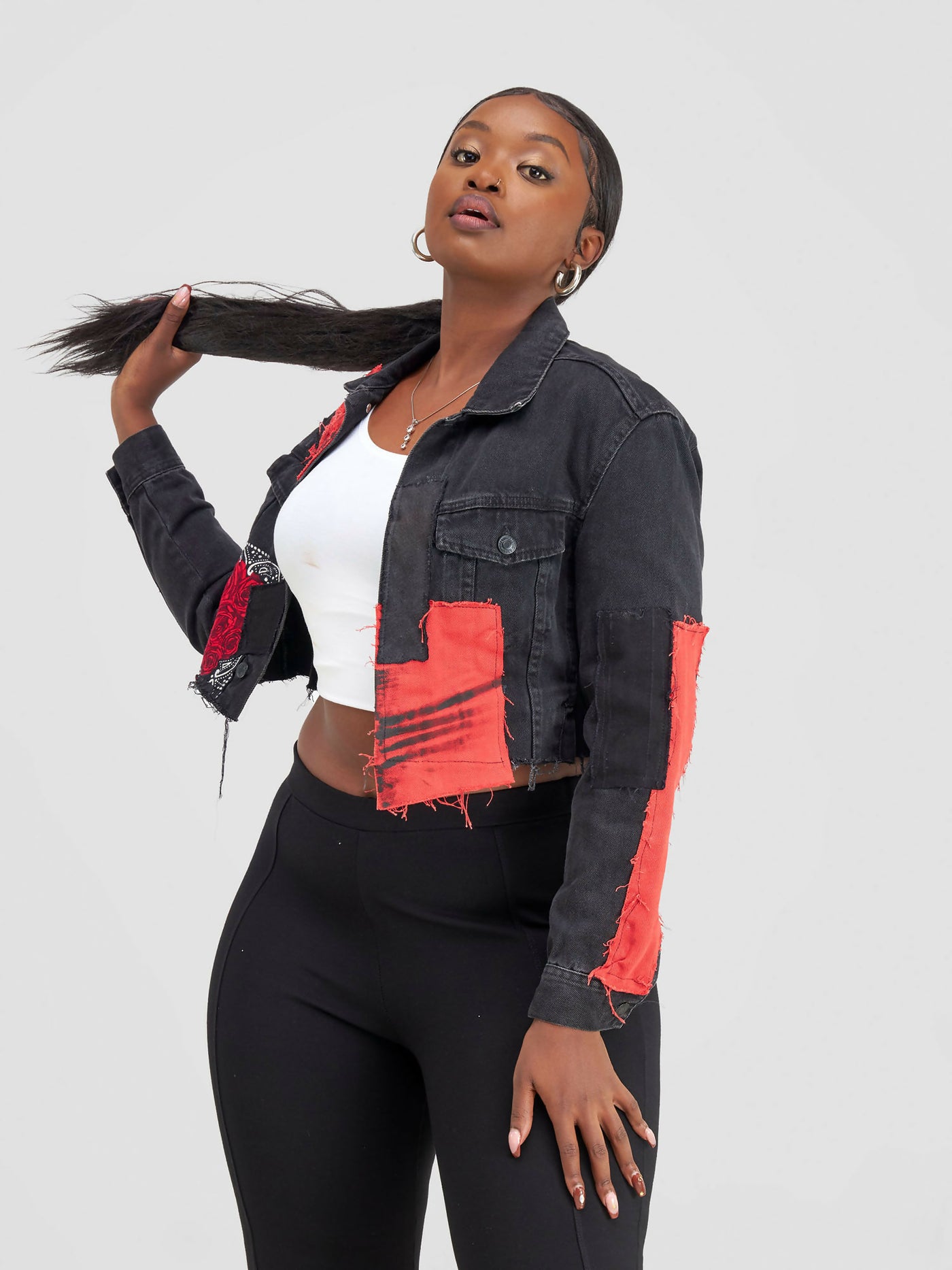 4Mtaa Cropped Denim Jacket - Black / Red