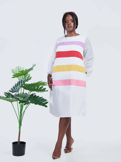 Dd Holdings Horizontal Stripped Midi Dress - White - Shopzetu