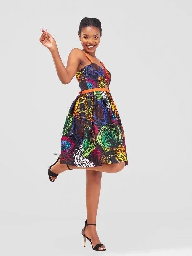 African Yuva Amare African Print Skater Dress - Blue Print - Shopzetu