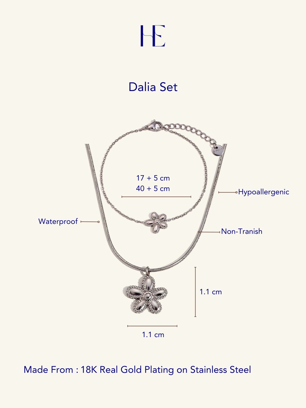 Her Essence Non Tarnish Dalia Set Necklace - Silver - Shopzetu