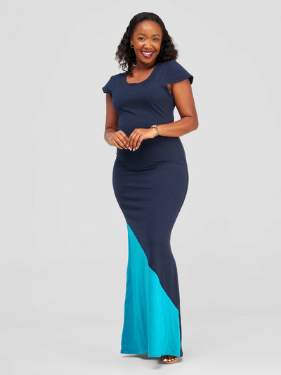 Tuli Aimani Colour Block Jersey Maxi Dress - Navy Blue / Aqua