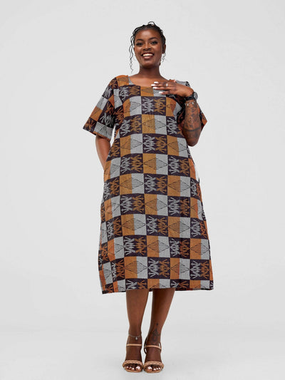 PrettyGline Ankara Dress - Brown / White / Black - Shopzetu