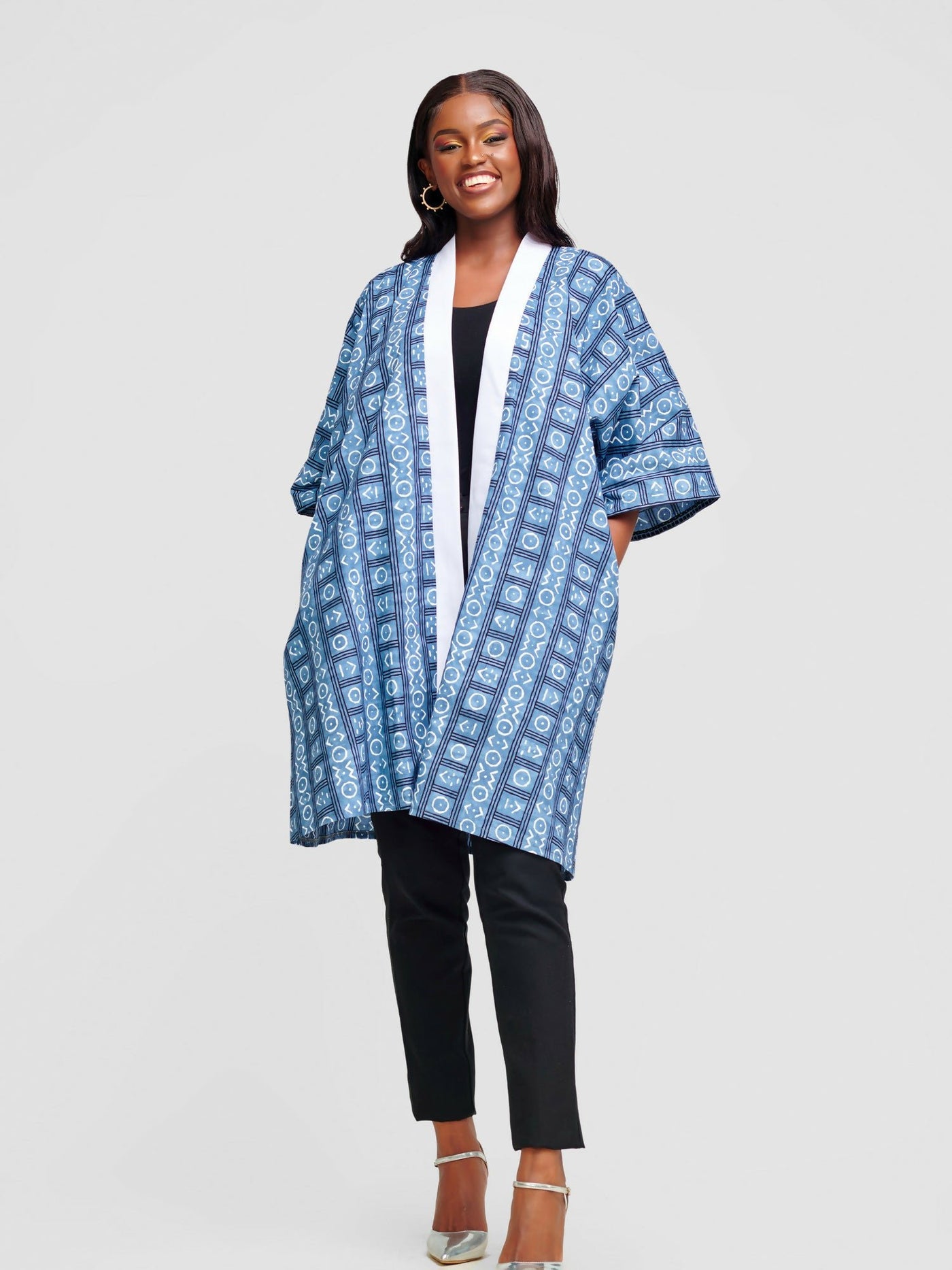 Tuli Nkatha Ankara Print With Button Strand Kimono - Blue / White - Shopzetu