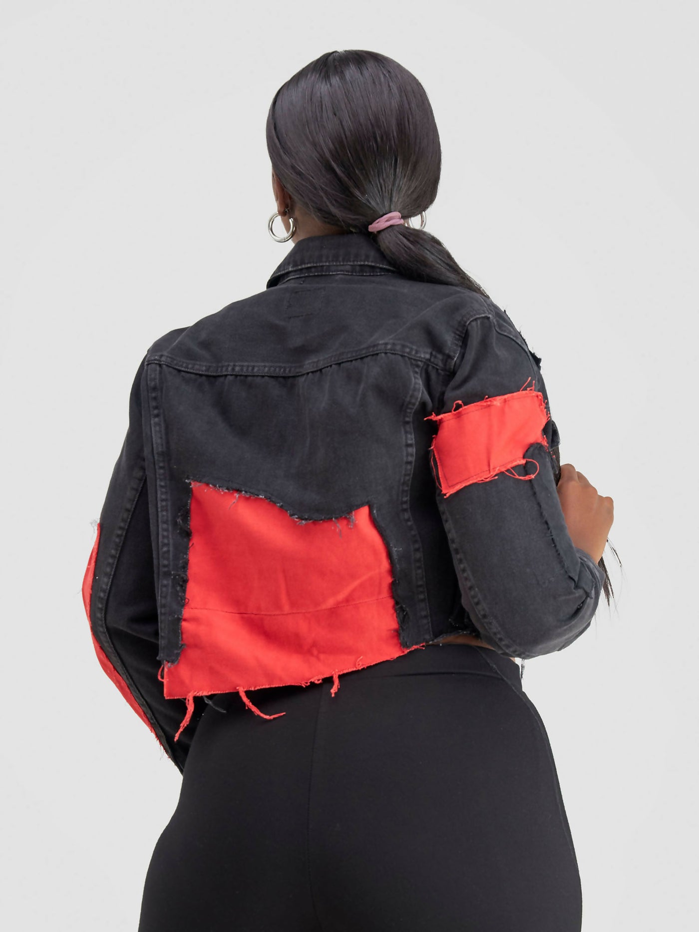 4Mtaa Cropped Denim Jacket - Black / Red