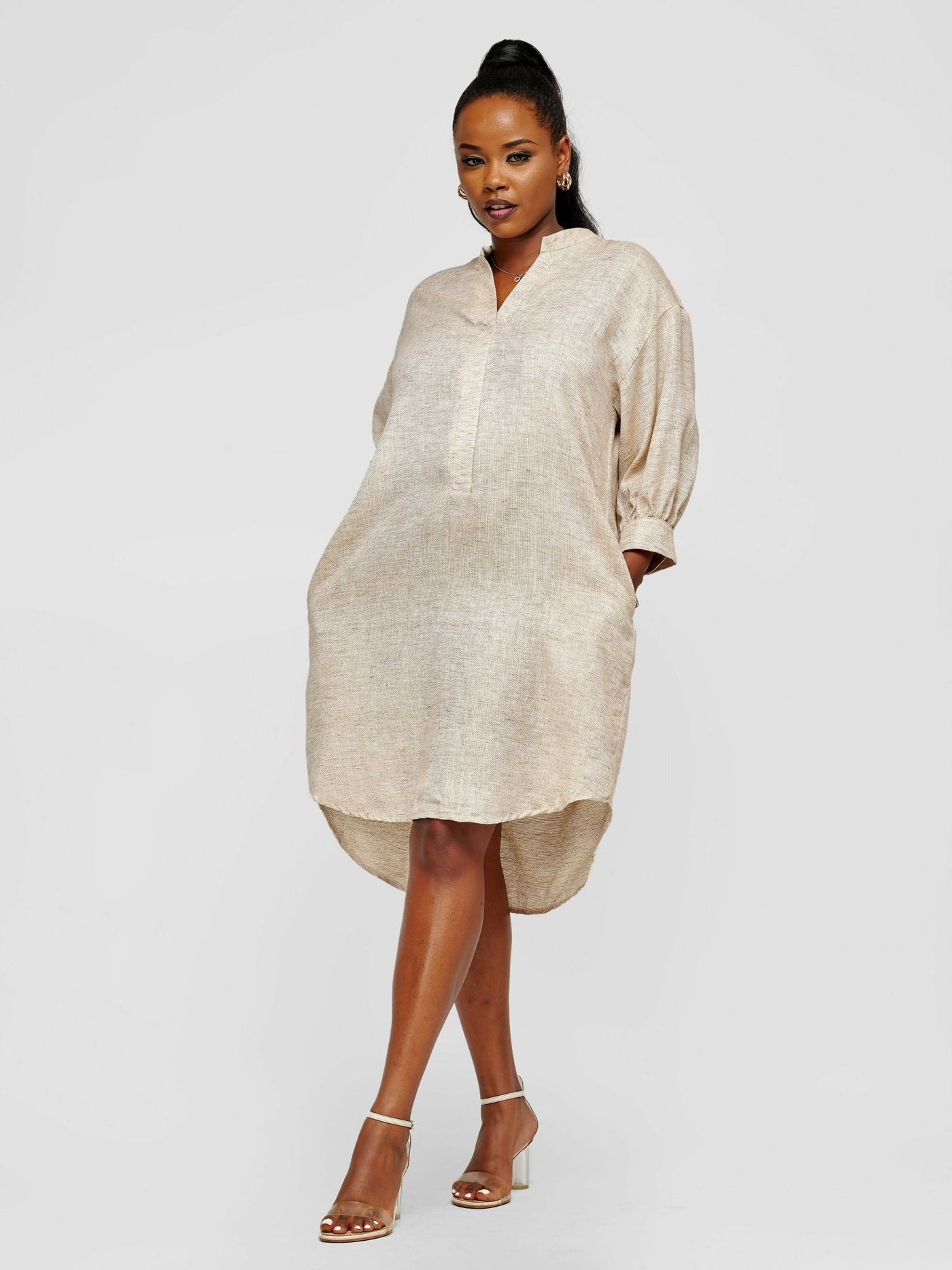 Tuli Nuru Shirt Dress - Brown - Shopzetu