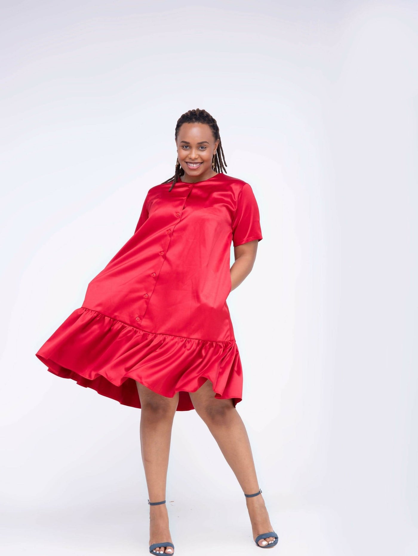 Lizola Fancy Silk Dress with Button - Maroon - Shopzetu