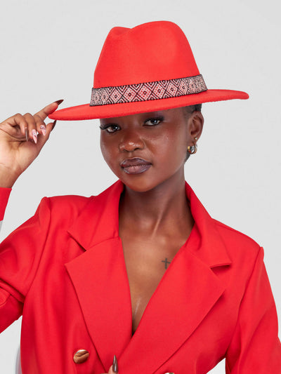 Umbo Collection Felt Beaded Fedora Hat - Red