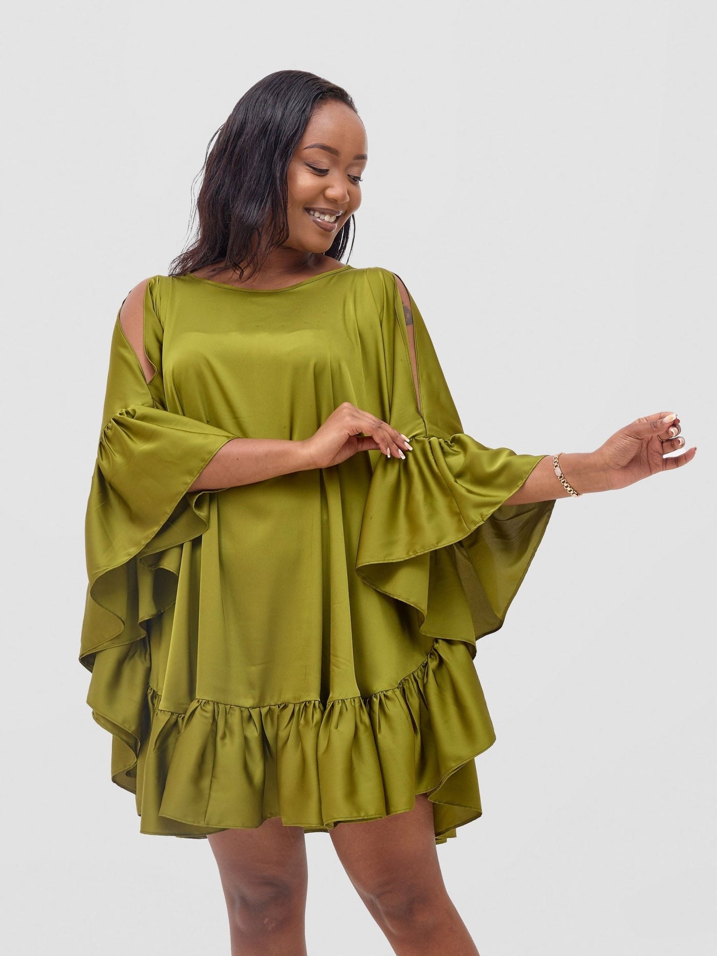 Vivo Malindi Tunic Dress With Frills - Olive - Shopzetu