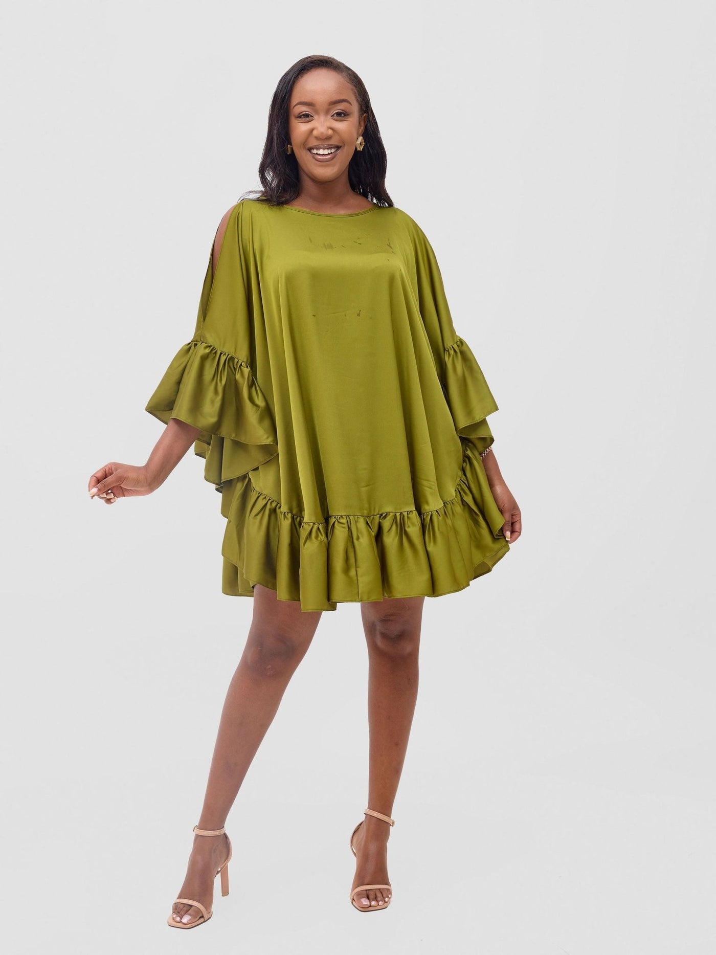 Vivo Malindi Tunic Dress With Frills - Olive - Shopzetu