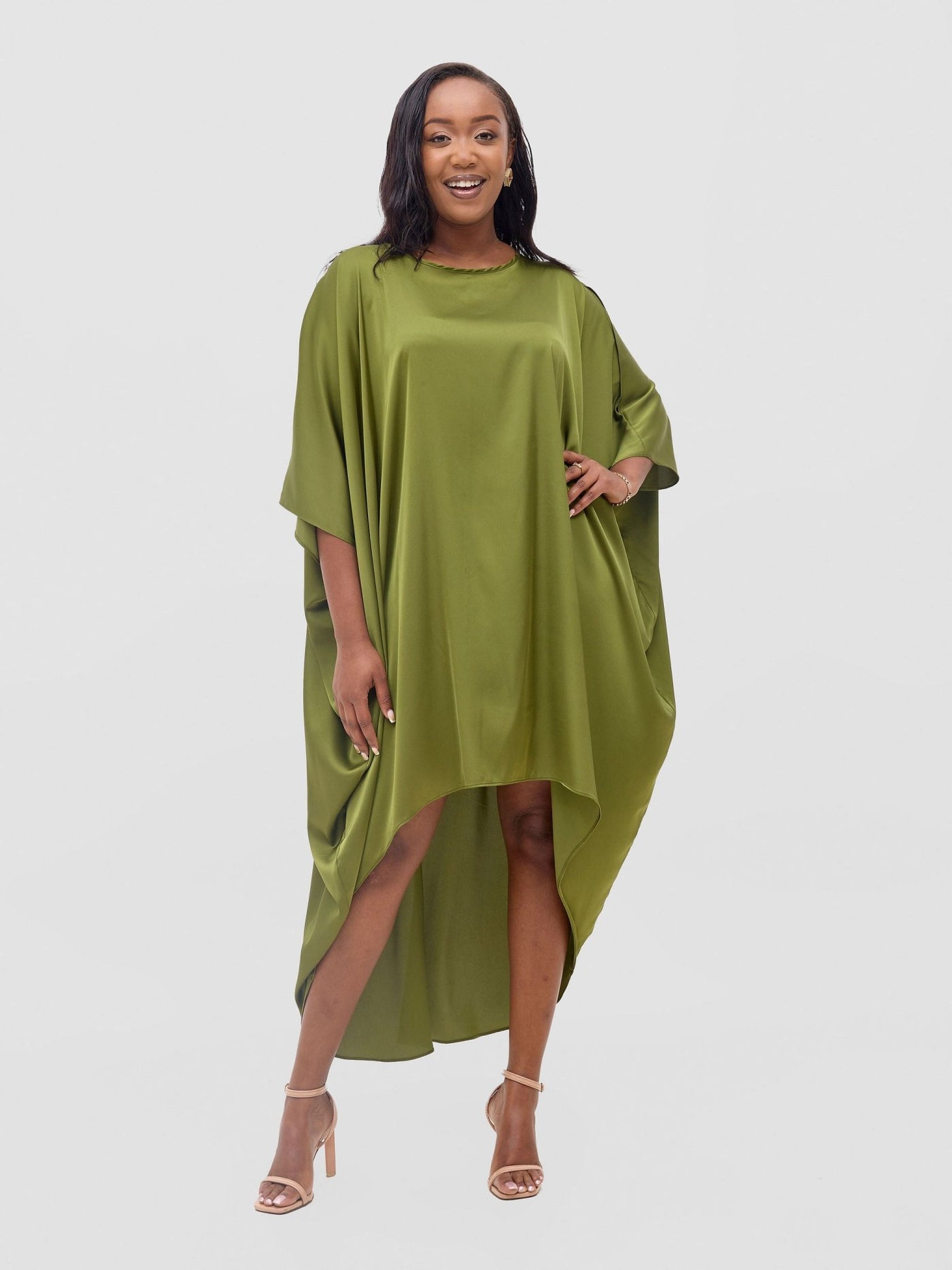 Vivo Lani Satin High Low Dress - Olive - Shopzetu