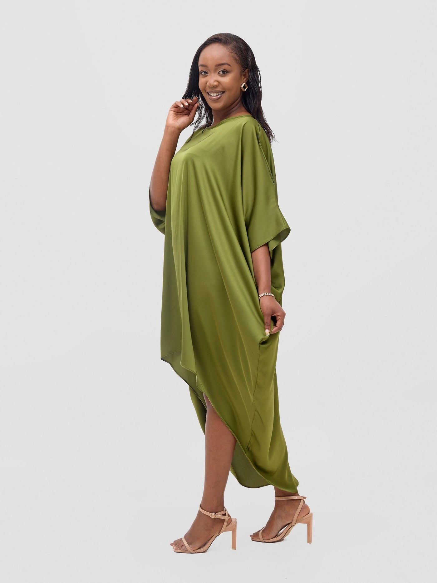 Vivo Lani Satin High Low Dress - Olive - Shopzetu