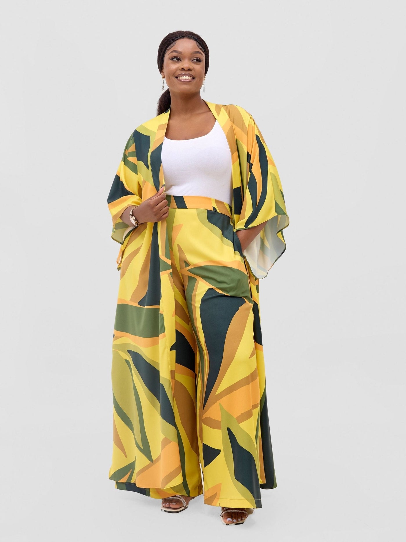 Vivo Kelemi Crepe Wide Leg Pants - Yellow / Green Lana Print - Shopzetu