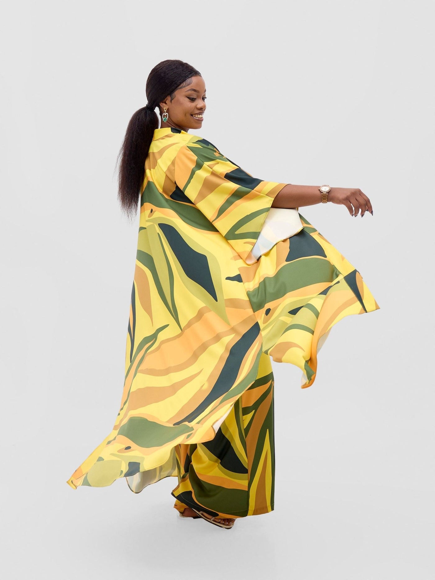 Vivo Kelemi Flared Sleeve Kimono - Yellow / Green Lana Print - Shopzetu