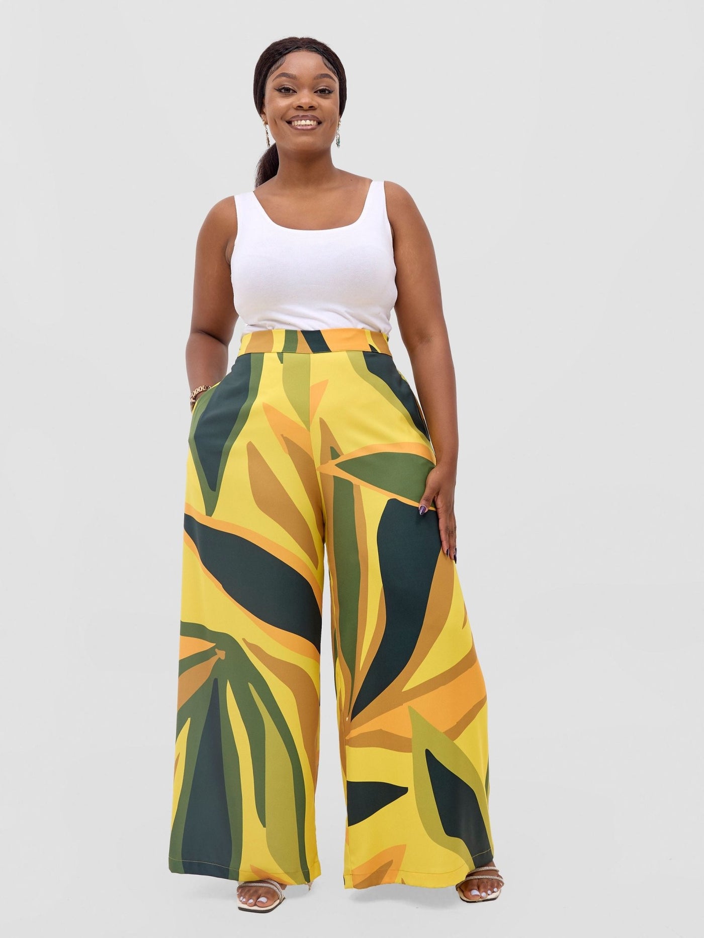 Vivo Kelemi Crepe Wide Leg Pants - Yellow / Green Lana Print - Shopzetu