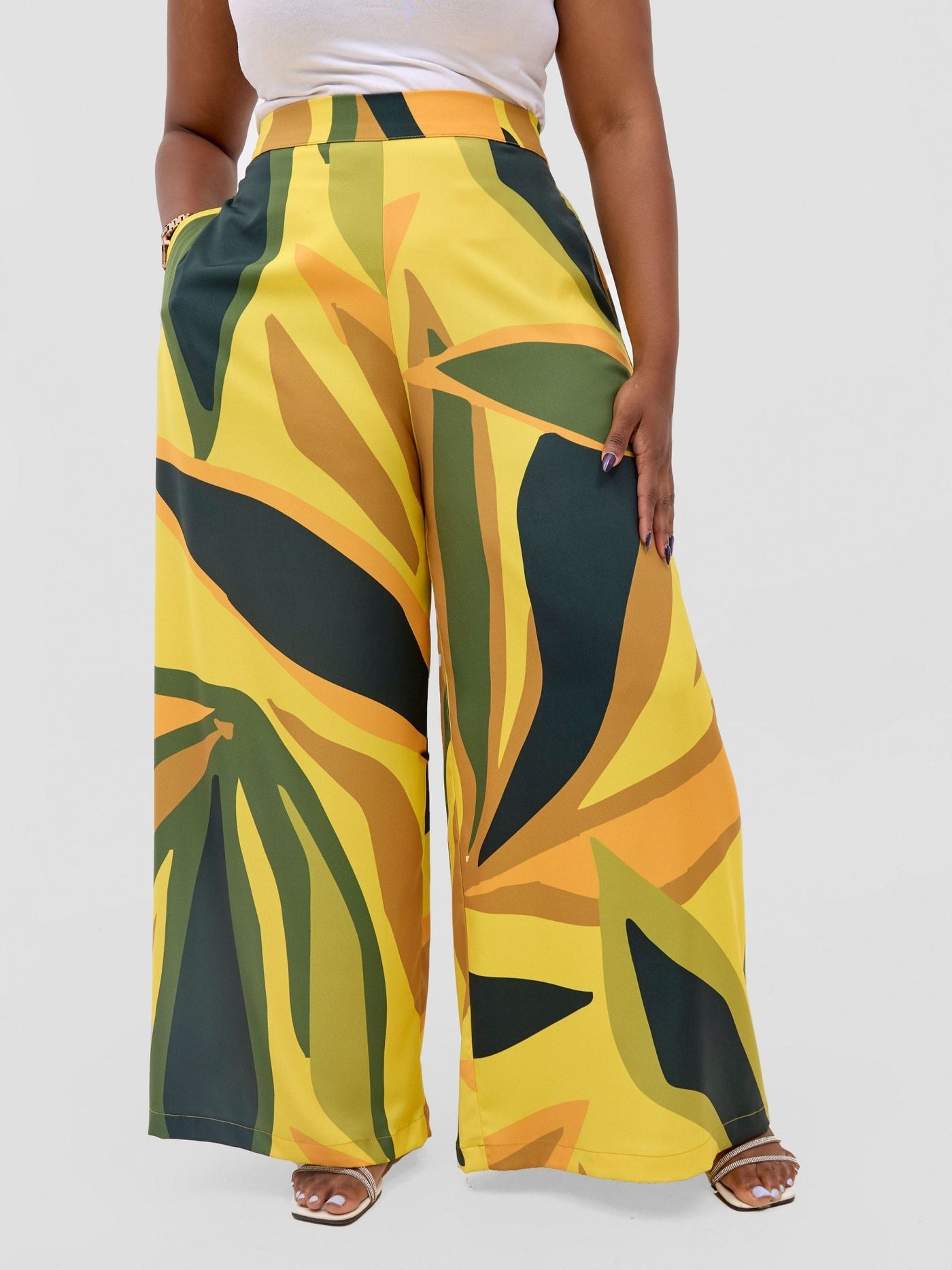 Vivo Kelemi Crepe Wide Leg Pants - Yellow / Green Lana Print - Shopzetu