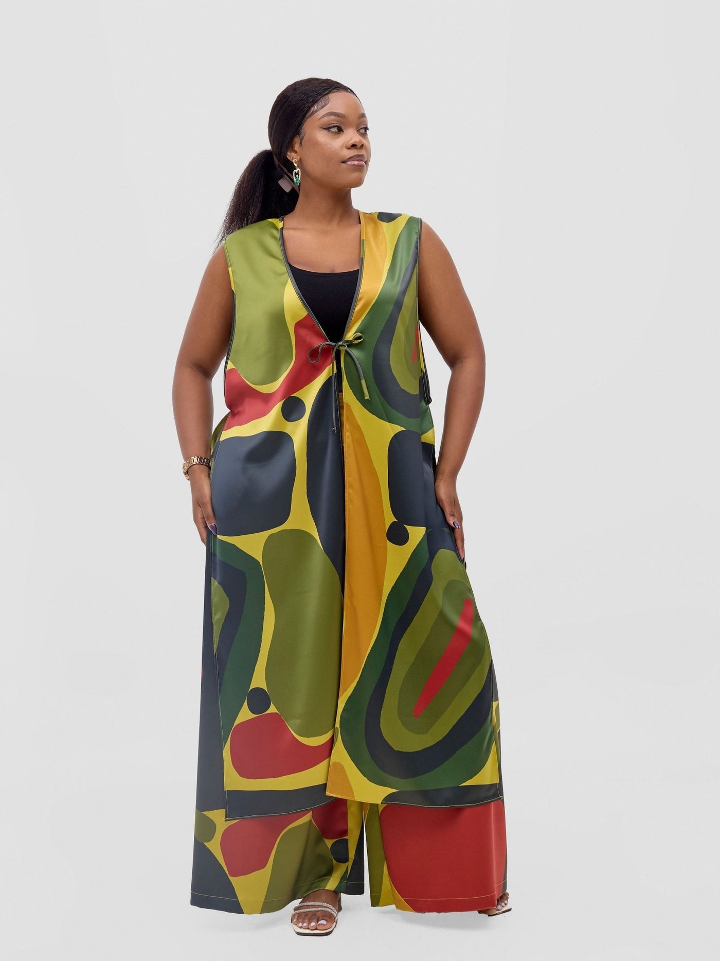 Vivo Kelemi Sleeveless Overcoat - Lime / Red Waso Print - Shopzetu