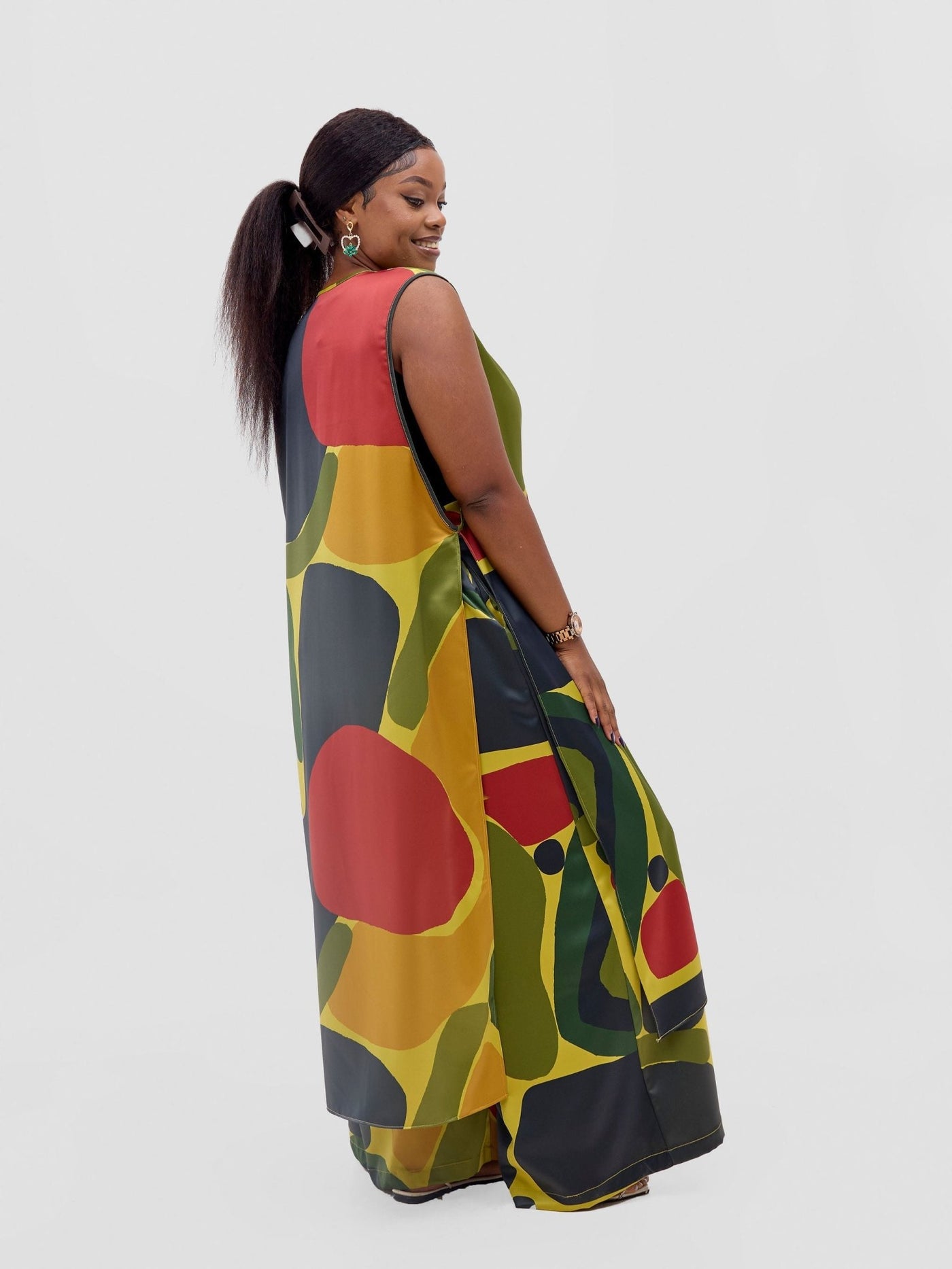 Vivo Kelemi Sleeveless Overcoat - Lime / Red Waso Print - Shopzetu