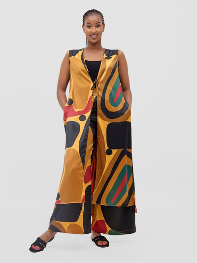 Vivo Kelemi Sleeveless Overcoat - Mustard / Red Waso Print - Shopzetu