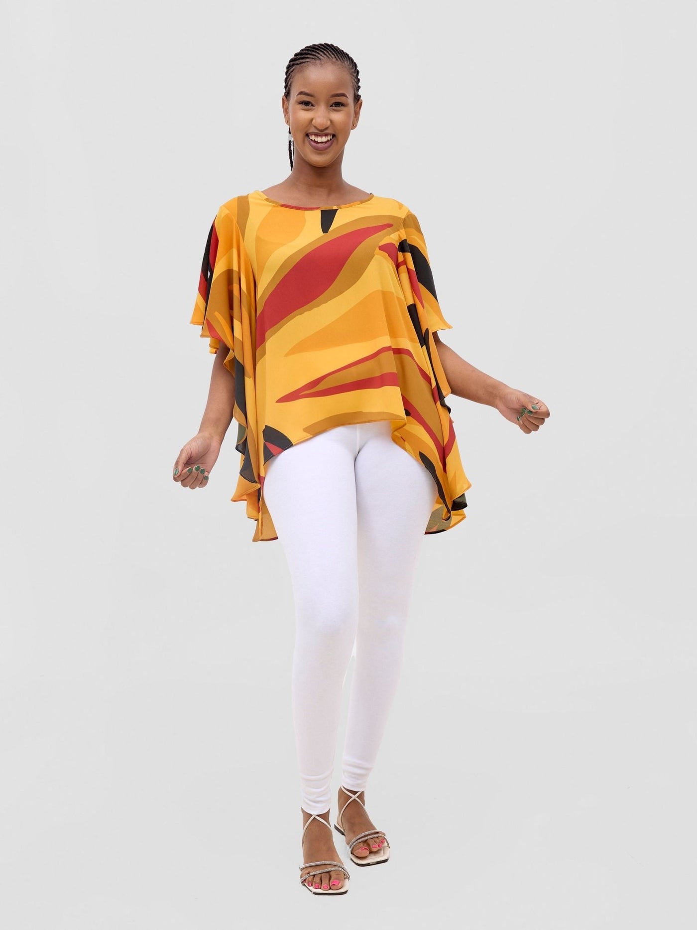 Vivo Kelemi Ruffle Sleeve Top - Mustard / Burgundy Lana Print - Shopzetu