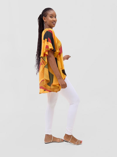 Vivo Kelemi Ruffle Sleeve Top - Mustard / Burgundy Lana Print - Shopzetu