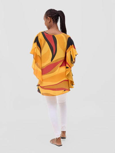 Vivo Kelemi Ruffle Sleeve Top - Mustard / Burgundy Lana Print - Shopzetu