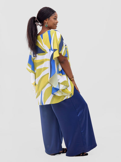 Vivo Kelemi Ruffle Sleeve Top - Royal Blue / Green Lana Print - Shopzetu