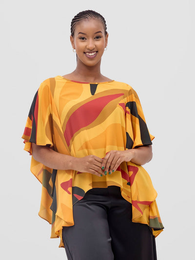 Vivo Kelemi Ruffle Sleeve Top - Mustard / Burgundy Lana Print - Shopzetu