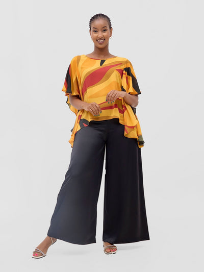 Vivo Kelemi Ruffle Sleeve Top - Mustard / Burgundy Lana Print - Shopzetu