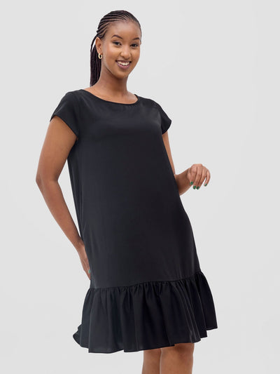 Vivo Dalia Cap Sleeve Gathered Tent Dress - Black - Shopzetu