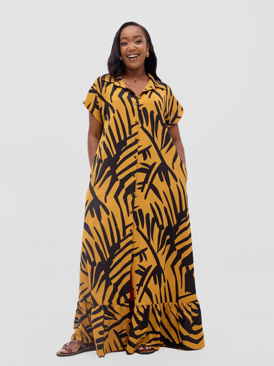 Vivo Asha Drop Shoulder Maxi Shirt Dress - Mustard / Black Lala Print - Shopzetu