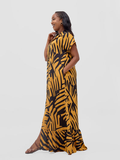 Vivo Asha Drop Shoulder Maxi Shirt Dress - Mustard / Black Lala Print - Shopzetu