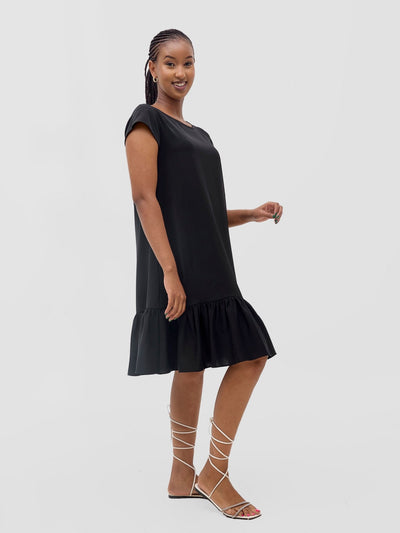 Vivo Dalia Cap Sleeve Gathered Tent Dress - Black - Shopzetu