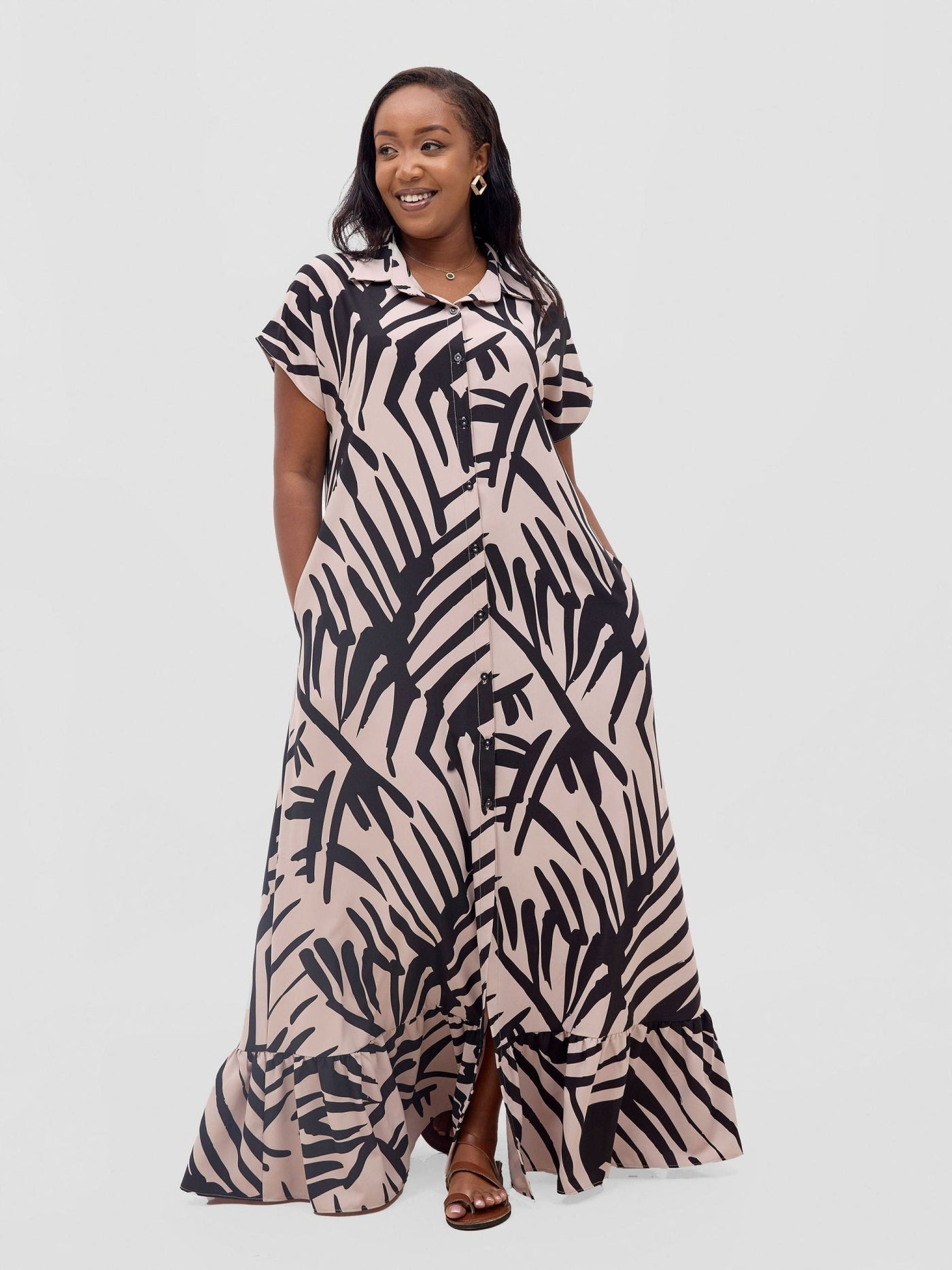 Vivo Asha Drop Shoulder Maxi Shirt Dress - Beige / Black Lala Print - Shopzetu