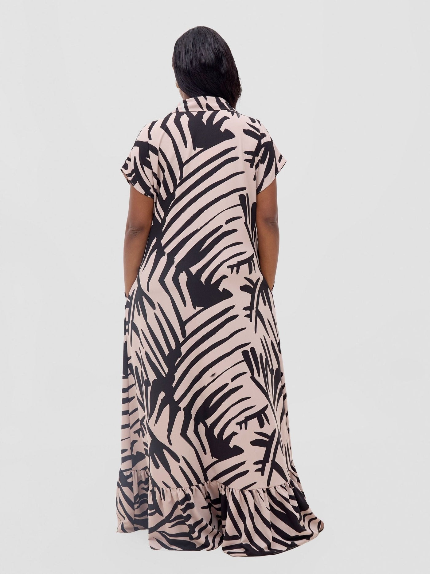 Vivo Asha Drop Shoulder Maxi Shirt Dress - Beige / Black Lala Print - Shopzetu