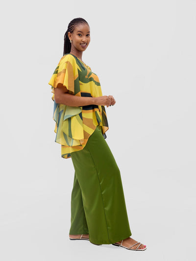 Vivo Kelemi Ruffle Sleeve Top - Yellow / Green Lana Print - Shopzetu