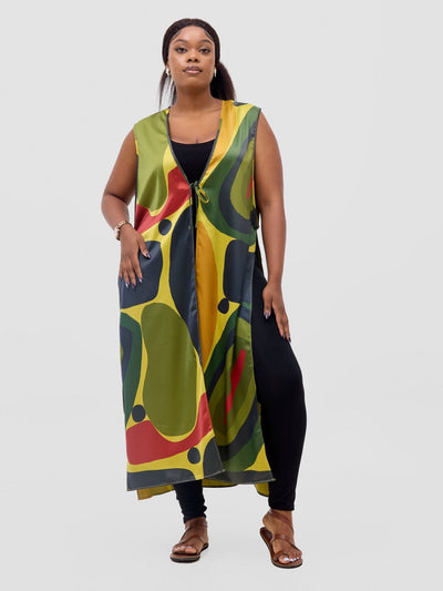 Vivo Kelemi Sleeveless Overcoat - Lime / Red Waso Print - Shopzetu