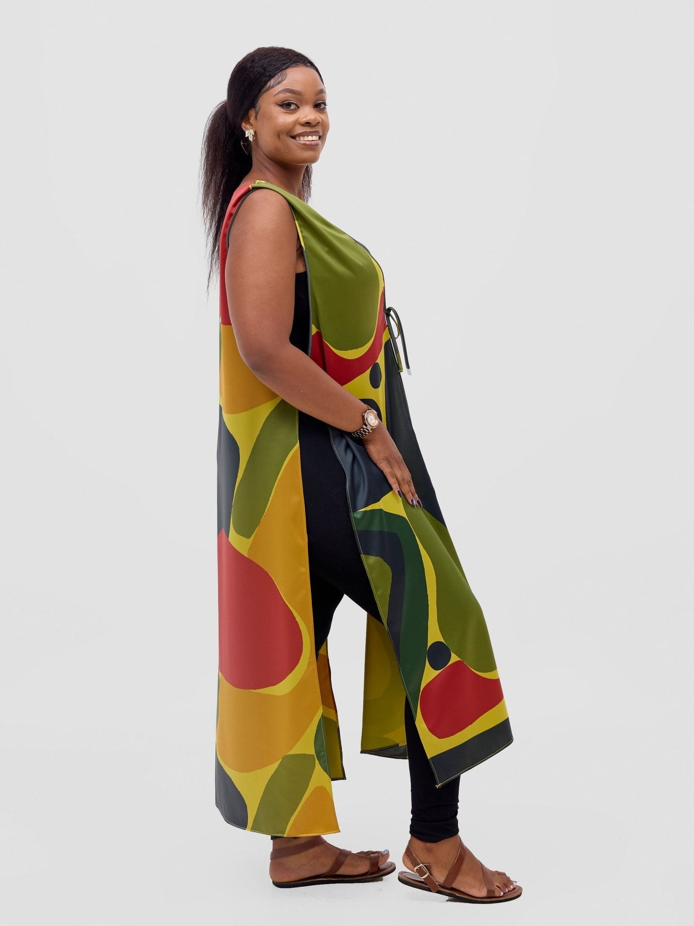 Vivo Kelemi Sleeveless Overcoat - Lime / Red Waso Print - Shopzetu