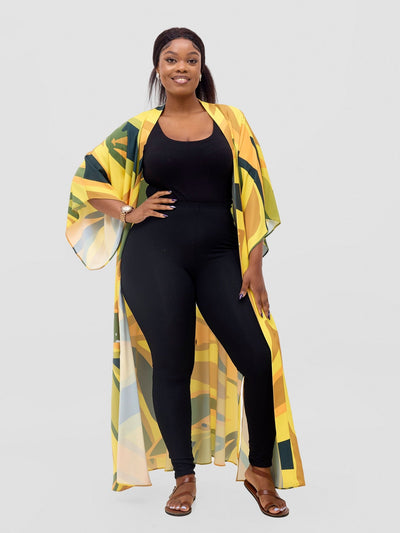 Vivo Kelemi Flared Sleeve Kimono - Yellow / Green Lana Print - Shopzetu